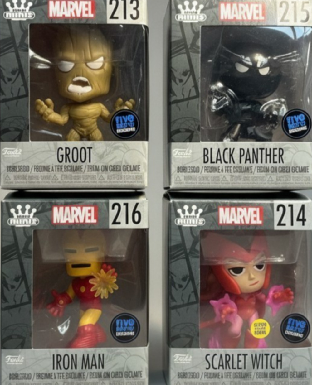 Funko Minis Marvel Lot of 4 Groot Black Panther Iron Man Scarlet Witch GITD